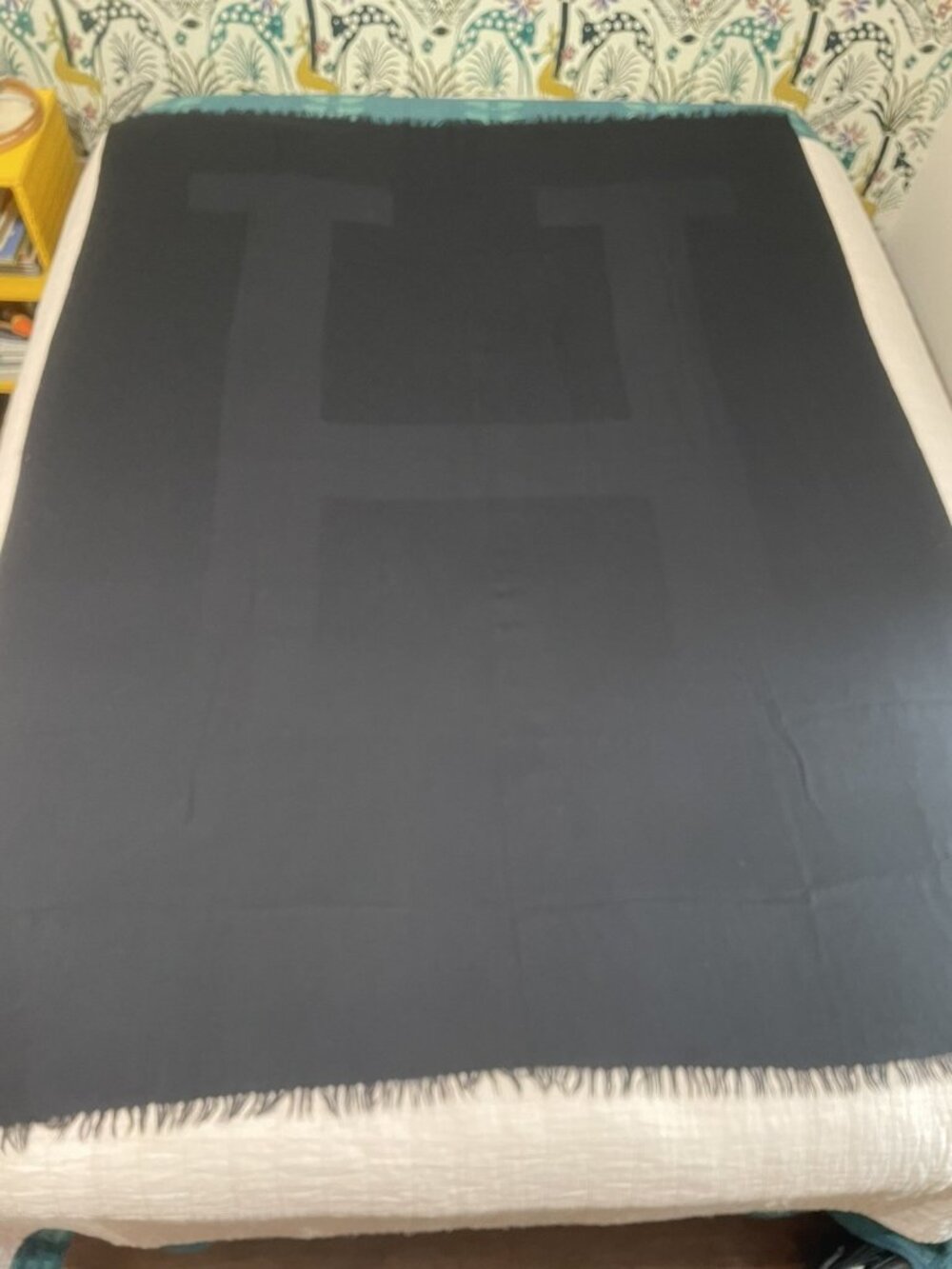 Hermes Cashmere Silk & Wool Large Blanket Shawl Throw Black Fringe 54x70 Large H